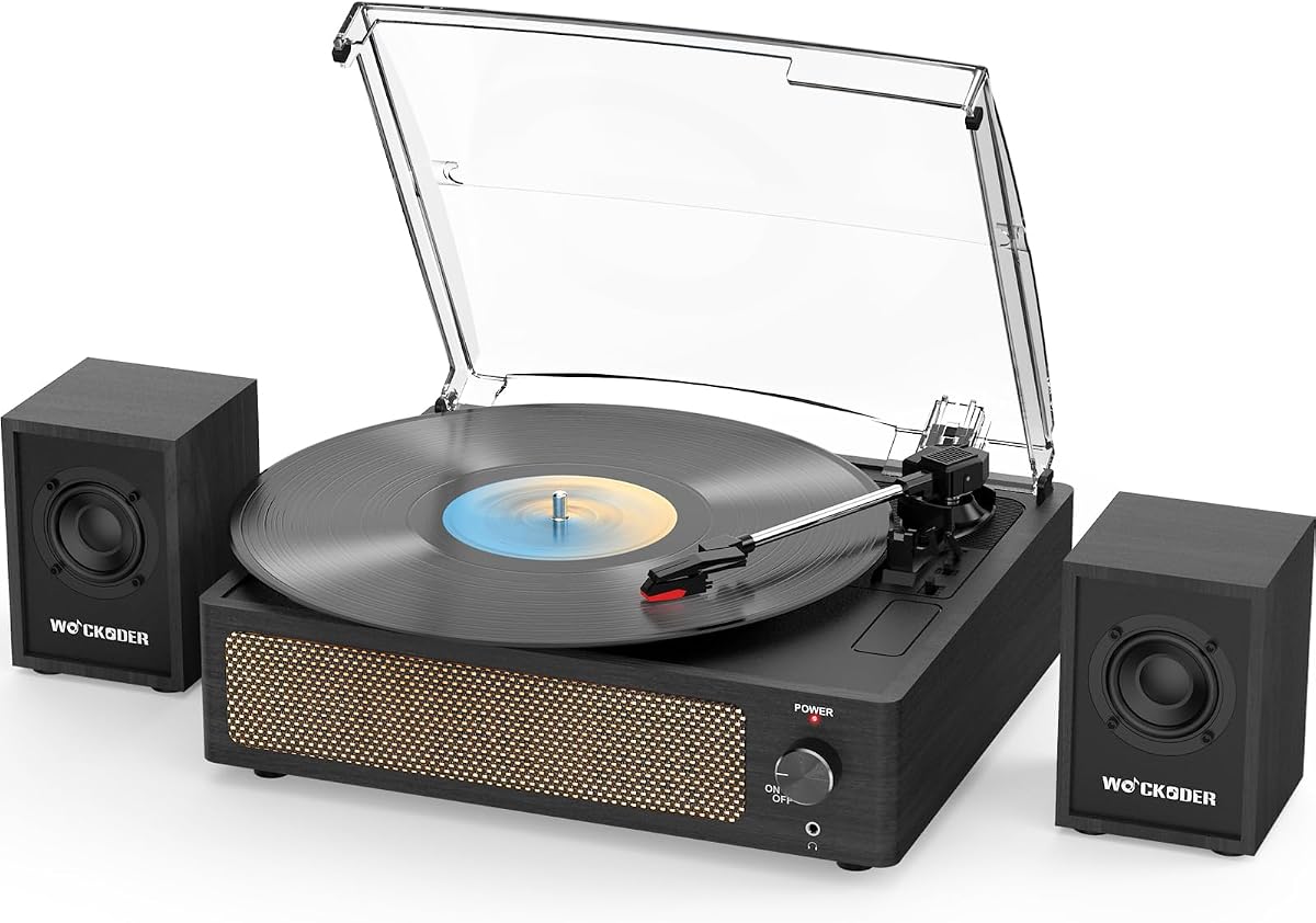 WOCKODER® Vinyl Record Player with 2 External Passive Speakers,Black Wooden | Patented Design,Belt-Drive Vintage Turntable,Bookshelf Speakers,3 Speed,BT Wireless Input,AUX Headphone,Auto Stop,Retro Style