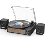 Record Player with Passive Bookshelf Speakers Belt-Drive Vintage Turntable for Vinyl Records External Dual Stereo Speakers LP Players 3 Speed Wireless AUX Headphone Input Auto Stop Retro Black Wooden