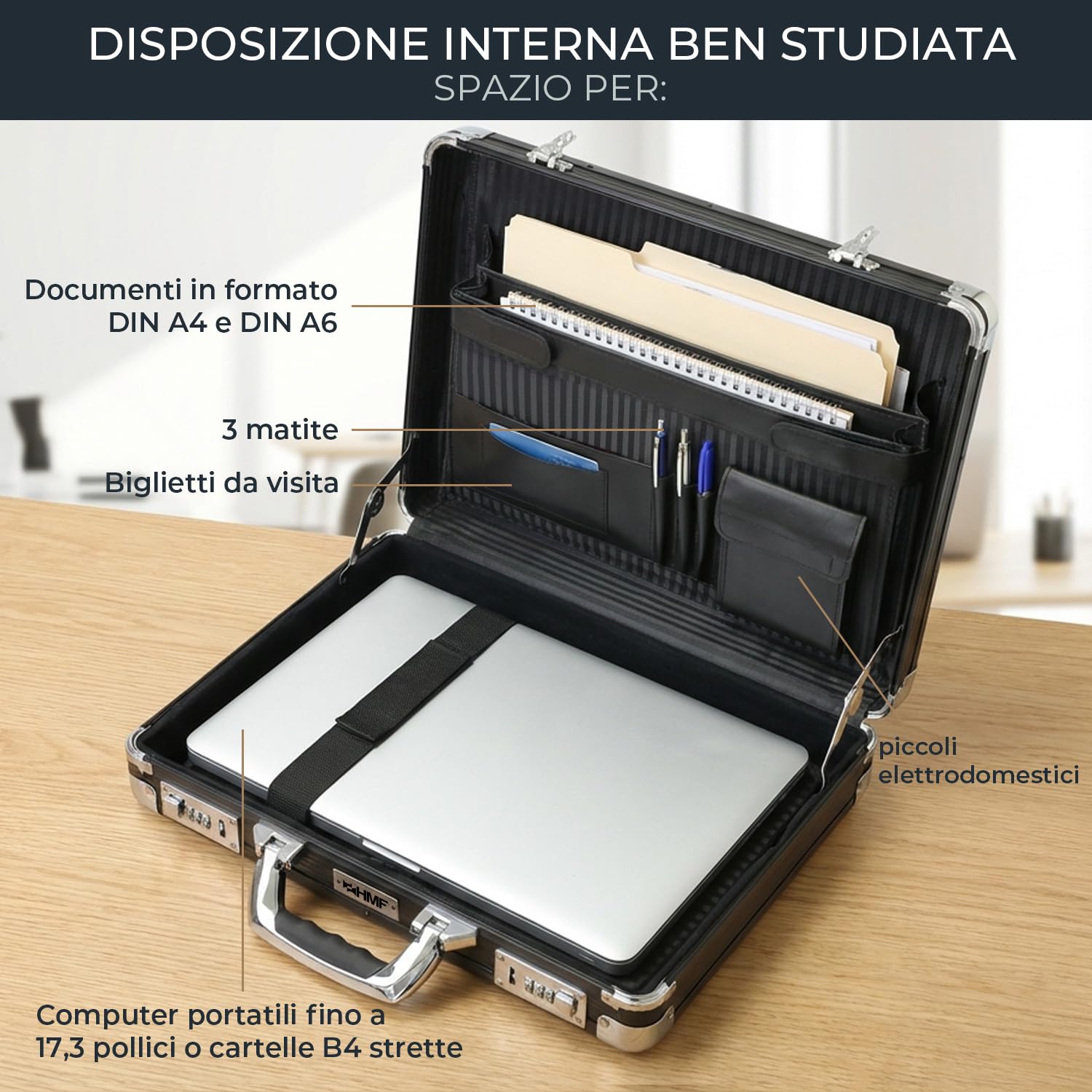 HMF Valigetta portadocumenti in alluminio per laptop fino a 17,3 pollici, Valigetta business da uomo con serratura a combinazione e scomparto laptop imbottito | 45 x 33 x 11 cm | Nero