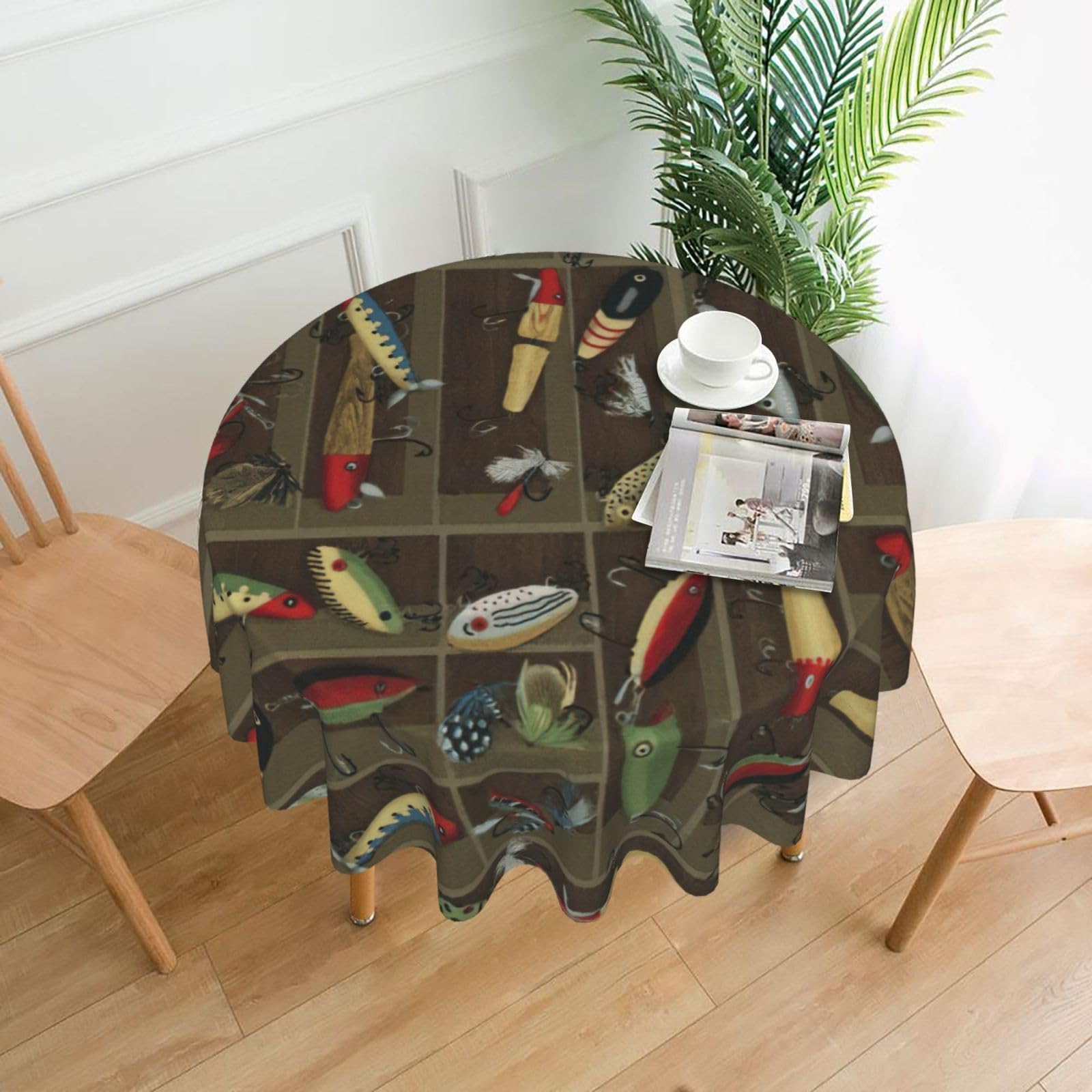 SDEGTHO Fishing Lure Style Print Modern Retro Round Tablecloth 60in Polyester Fabric Cover for Party Dining Table Washable