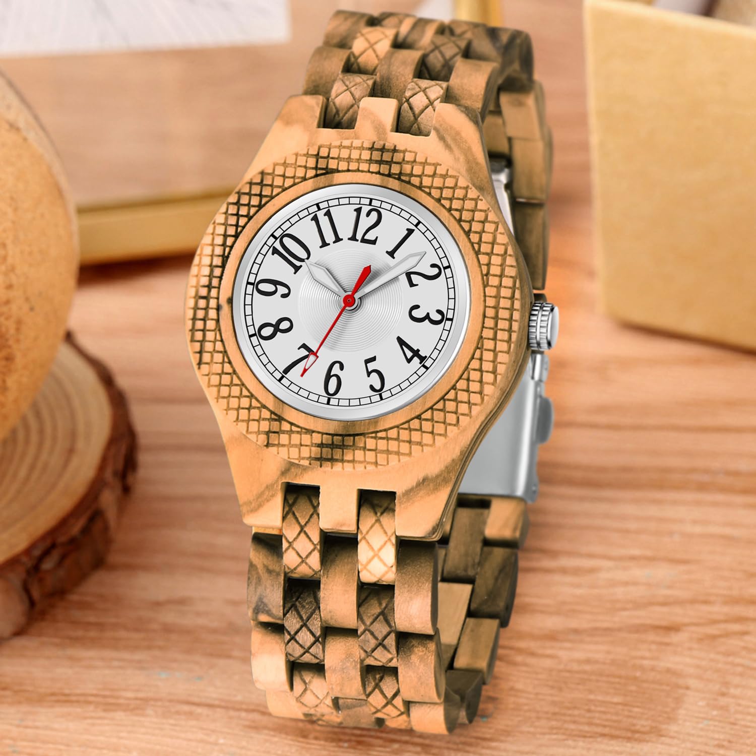 Tiong Orologio analogico da donna in legno, orologio al quarzo in legno semplice in stile arabo