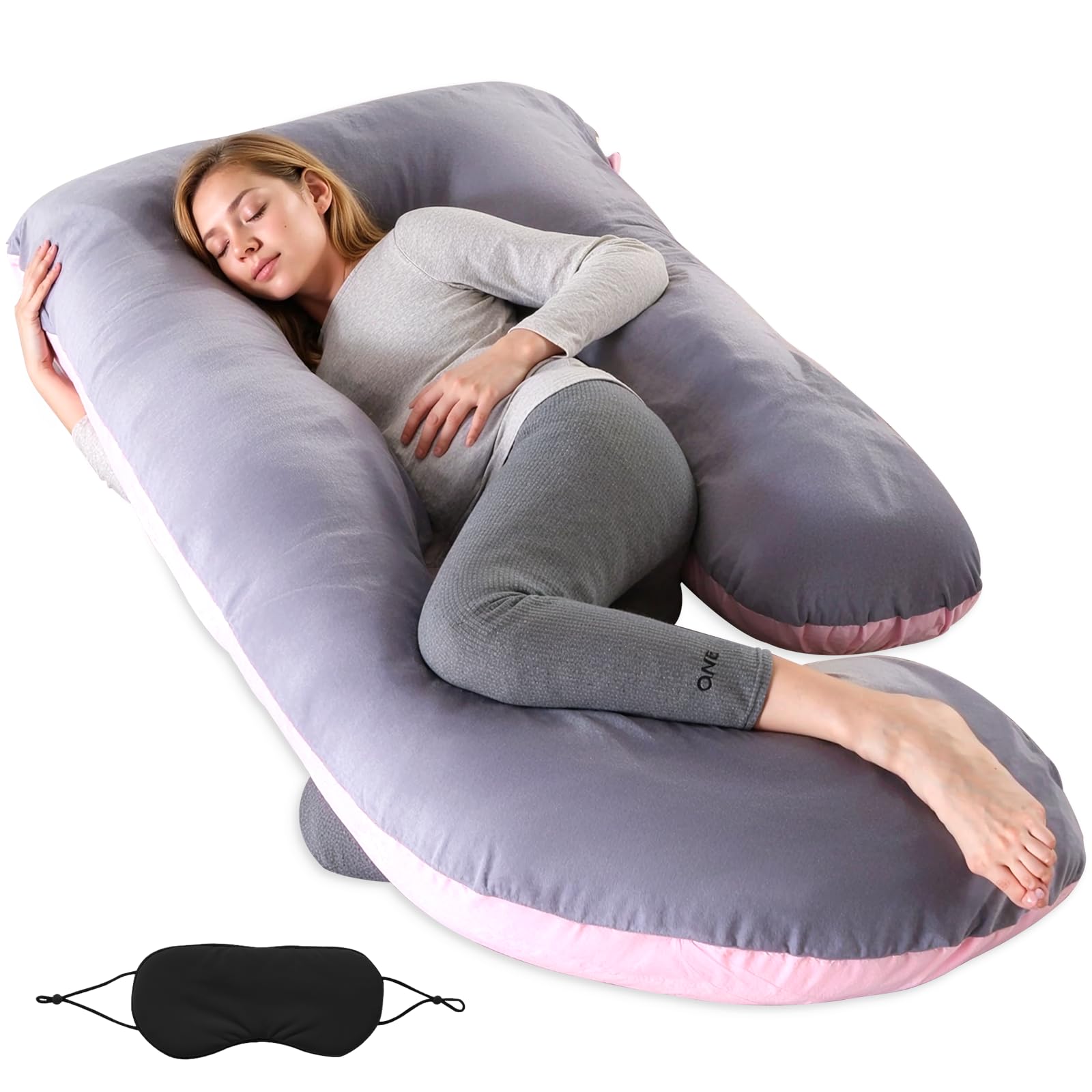 BBWELL Almohada Embarazada,Cojin Embarazada,Almohada de Cuerpo Completo en Forma de J,con Funda de Extraíble y Lavable y Antifaz,para Mujeres y Personas Que Duermen de Lado,80x120x180 cm,Gris Rosa