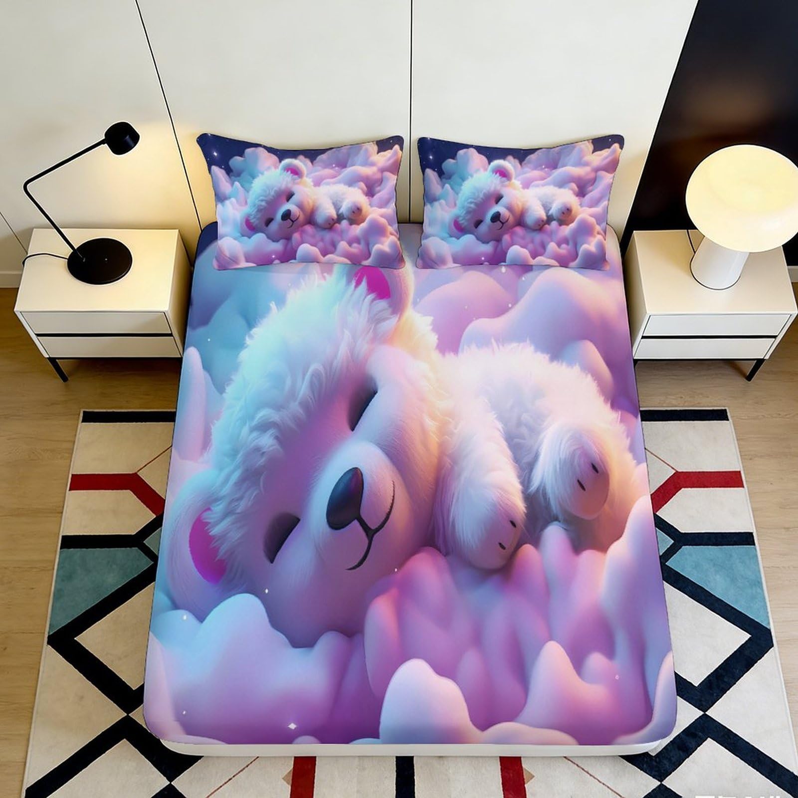 3D Printed Dreamy Bear Fitted Sheet Microfiber Soft Pastel Cloud Mattress Cover for Bedroom Dorm Protection Decor 90x200x25cm