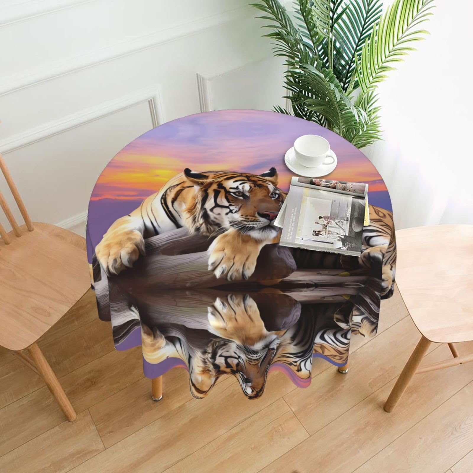 YYHWHJDE Tiger Lying on Wood Prints 60in Round Decorative Tablecloth – High-Grade Polyester Throw for Stylish Dining & Event Table Protection
