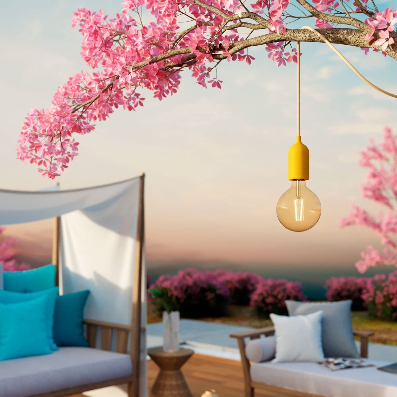 creative cables EIVA PASTEL Lampada a sospensione da esterno con 5 m cavo tessile, decentatore, rosone e portalampada IP65 waterproof - Con lampadina, Mostarda