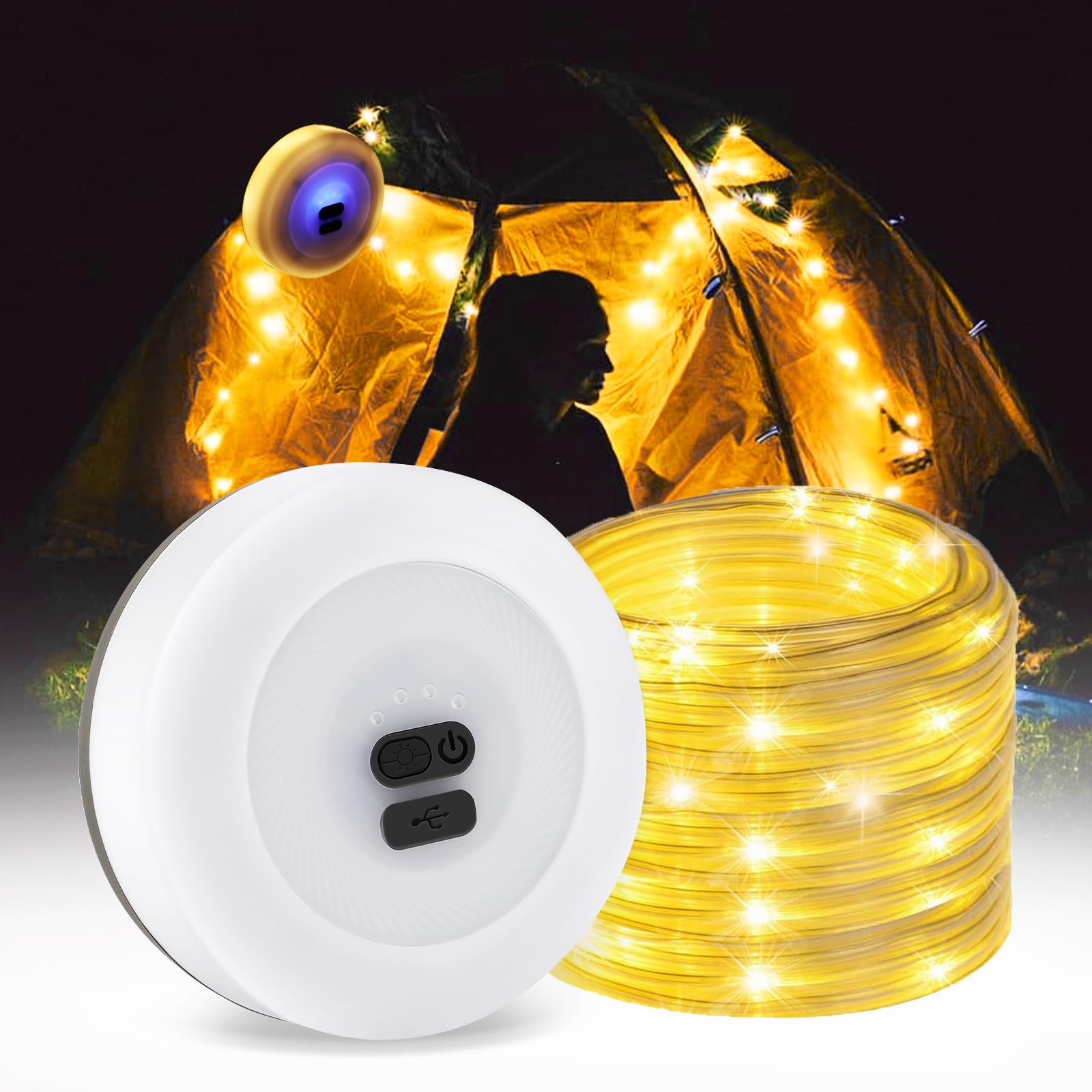 PBUSPU Cadena de Luces para Camping, 10m LED con Pilas, Guirnalda Luzes Impermeables y USB Cobrable Cadena de Luces para Acampar para Exterior Interior Navidad Arbol Jardin Terraza