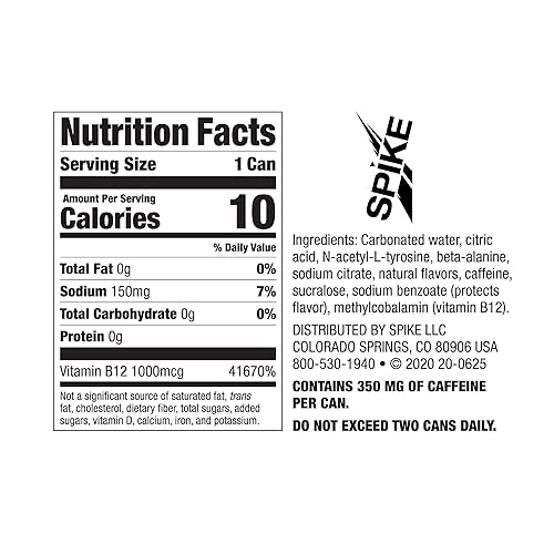Miniatura 2 de Spike Hardcore Energy Drink Sabor original - 350 mg de cafeína, 800 mg de beta-alanina, 1000 mcg de vitamina B12 - Sin azúcar, casi cero calorías -