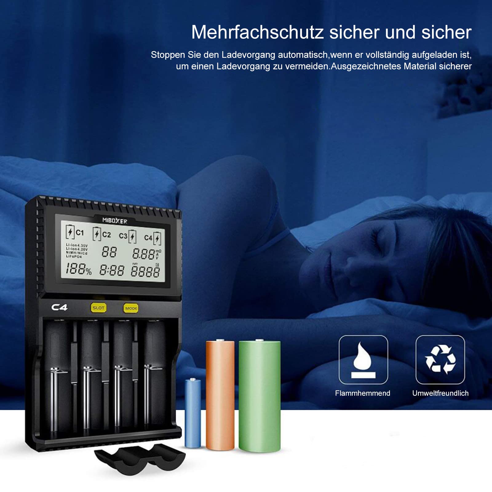 Universal akku Ladegerät, 18650 Baterieaufladegerät mit 4 Schacht, LCD-Display Batterien Ladegerät für Li-Ion LiFePO4 NI-MH NI-Cd AA AAA C 18350 18500 18700 20700 21700 26650 RCR123.