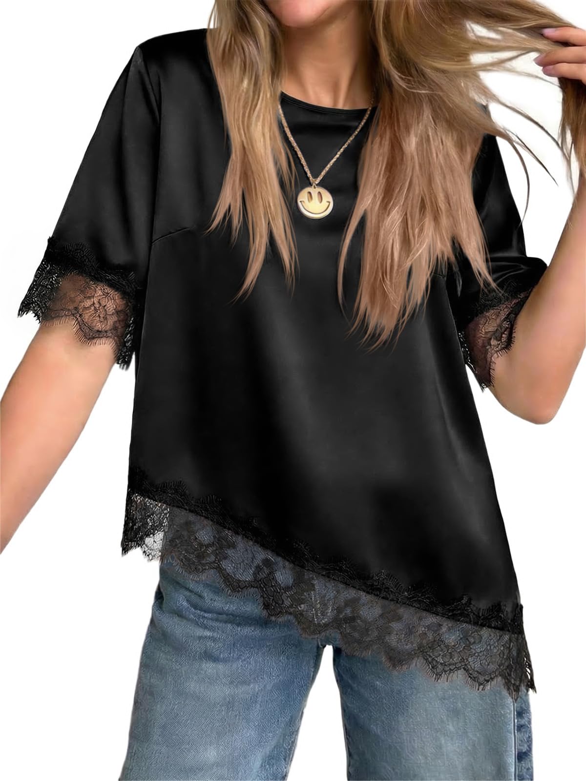 Tankaneo Womens Satin Silk Blouse Short Sleeve Lace Top