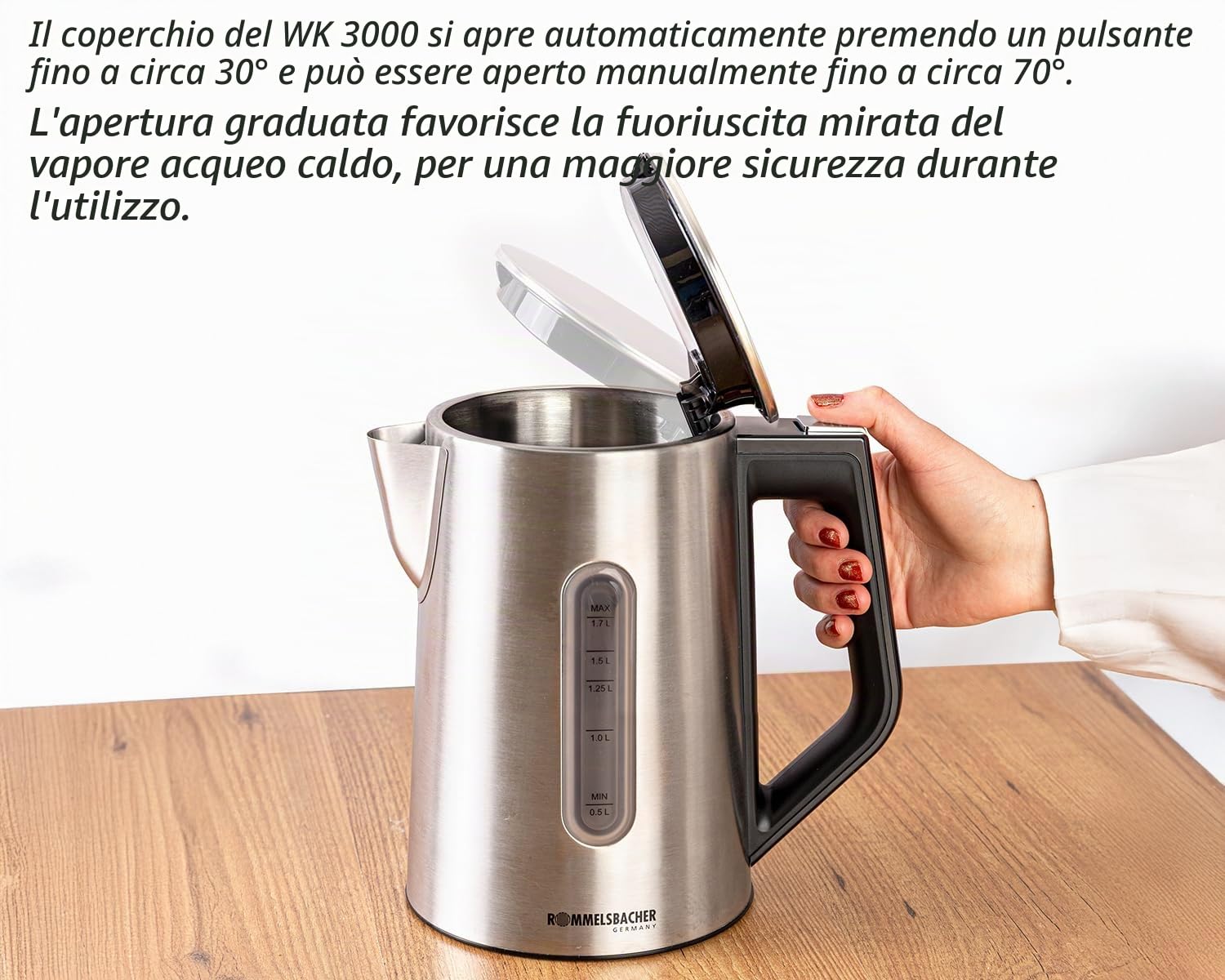 ROMMELSBACHER Bollitore WK 3000 - Stiftung Warentest Vincitore 3/2025, 1,7 litri, controllo a 1 tasto, funzione di avviamento, selezione della temperatura da 45 a 100 °C, fondo della brocca chiuso,