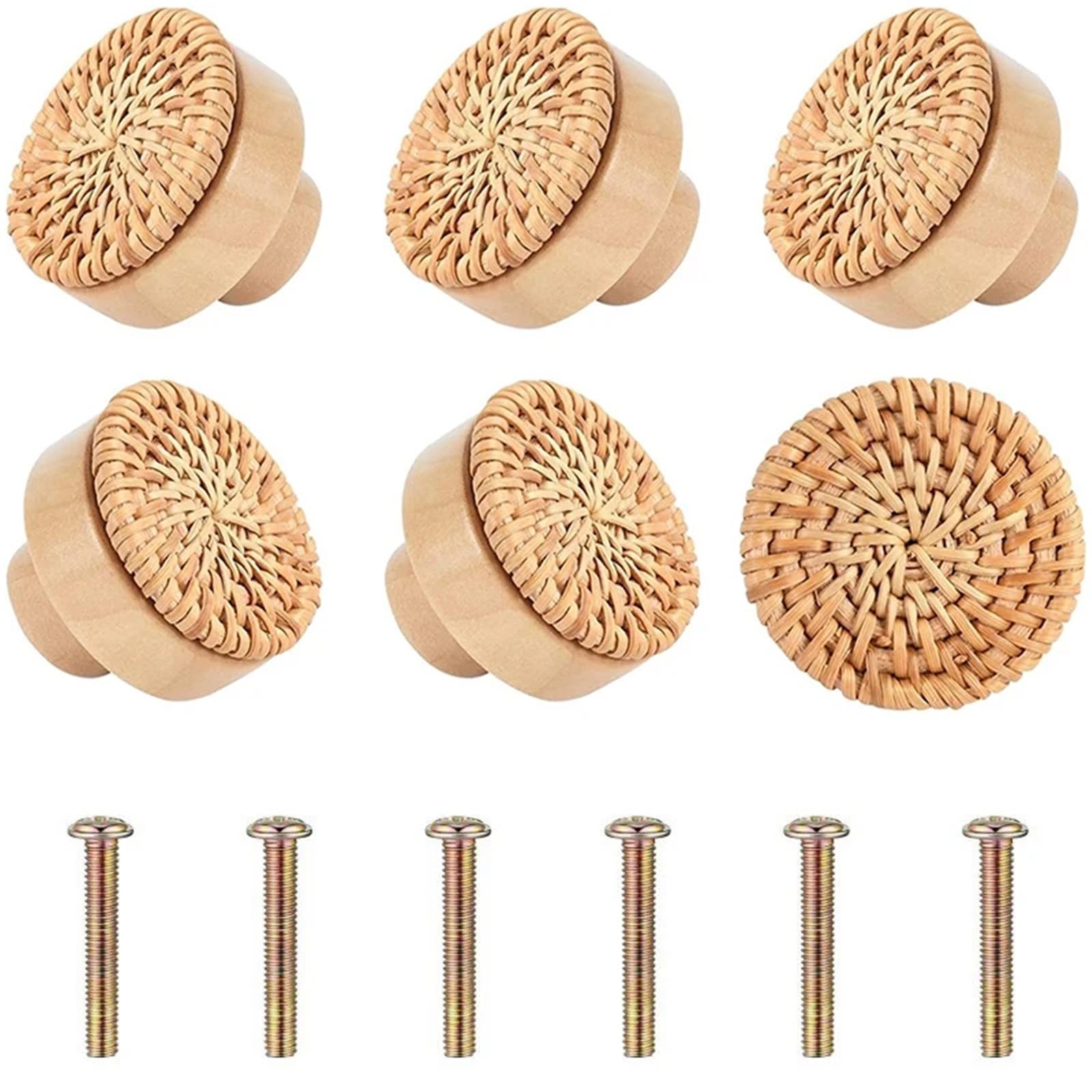 UBOHUZ 1/2/4/6/8PCS Wooden Rattan Dresser Knobs Kit Round Decorative Furniture Pull Handles Multipurpose Woven Drawer Pulls for Bedside Tables for Cupboard, Wardrobe(Yellow 6Piece)