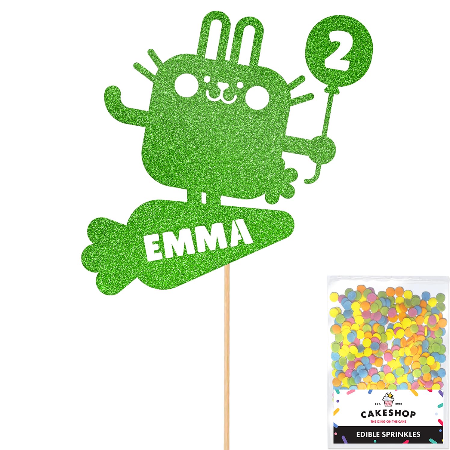 Personalised Pet Bunny Rabbit Glitter Cake Topper- Green Any Custom Age & Name Glitter Cake Decoration and Sprinkles - Happy Birthday Decorations - Personalised Toppers for Cakes by Cakeshop — image 1