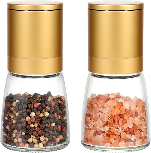 Vucchini Molinillo de sal y pimienta dorado, molinillo de especias de latón de cerámica de grosor ajustable, molinillo de pimienta de vidrio