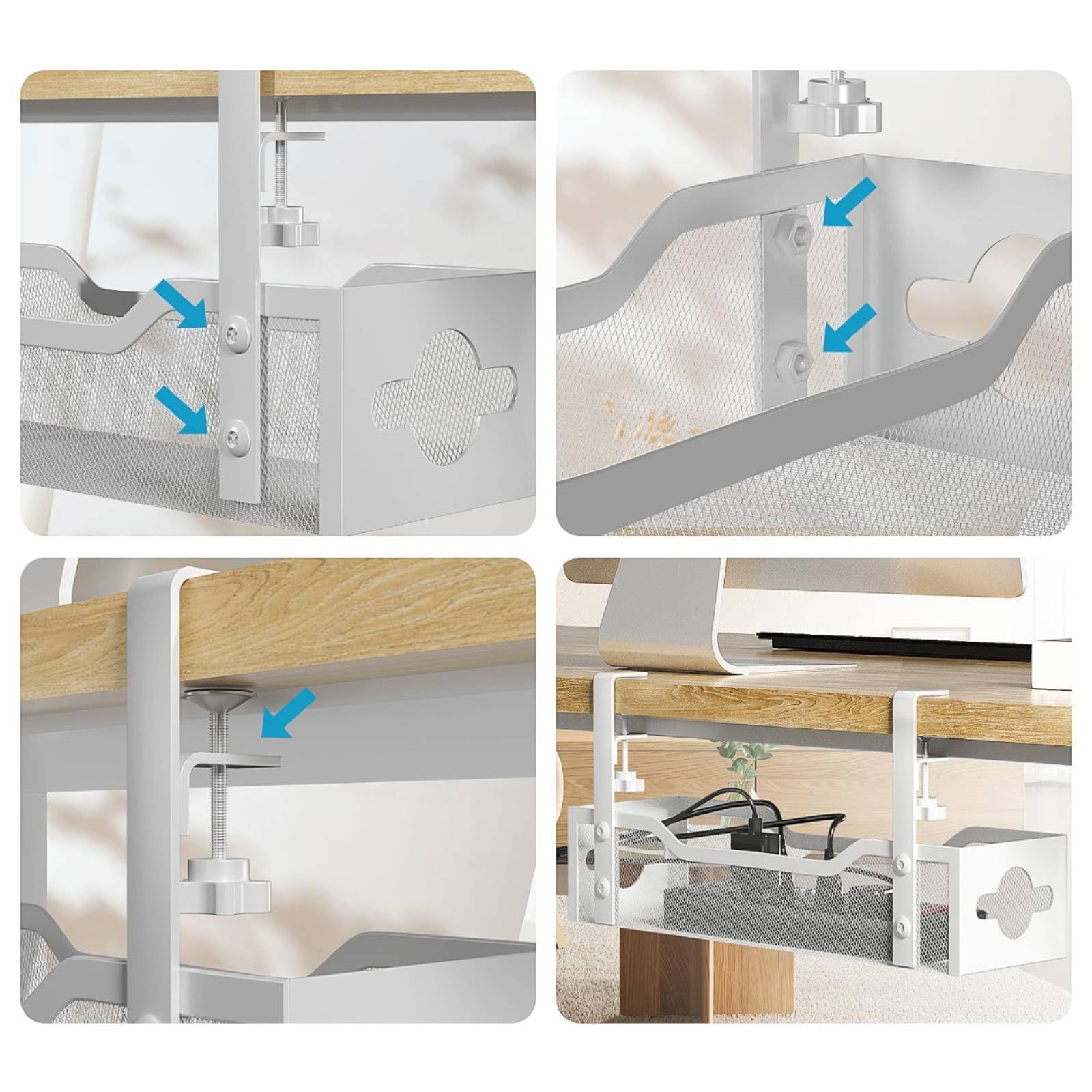Desktop Cable Organizer Vassoio Cavi Sottoscrivania Portaciabatte Portacavi Portafili in Acciaio al Carbonio a Morsetto Senza Viti per Gestione Cavi, Bianco, Versione Migliorata