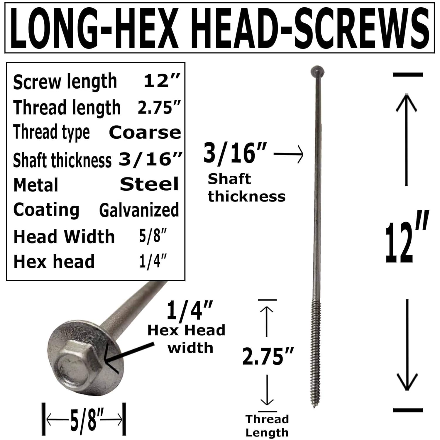 12" - Galvanized Timber Tie - Hex Head Structural Screw - Great for Outdoor Landscape use - Coarse Thread for Secure Hold - Rust Resistant Screw - Heavy Duty 3/16" for Extra Hold (25)