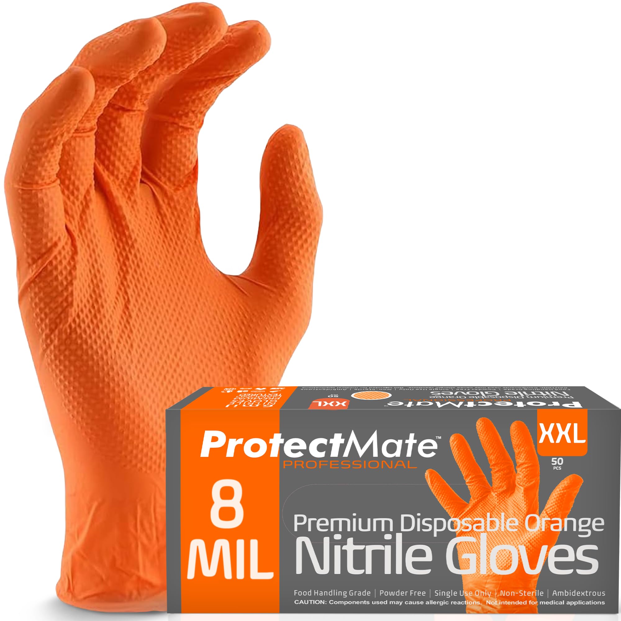 Protectmate Orange Heavy Duty Nitrile Gloves - 8 Mil Textured Nitrile Gloves Disposable Latex Free