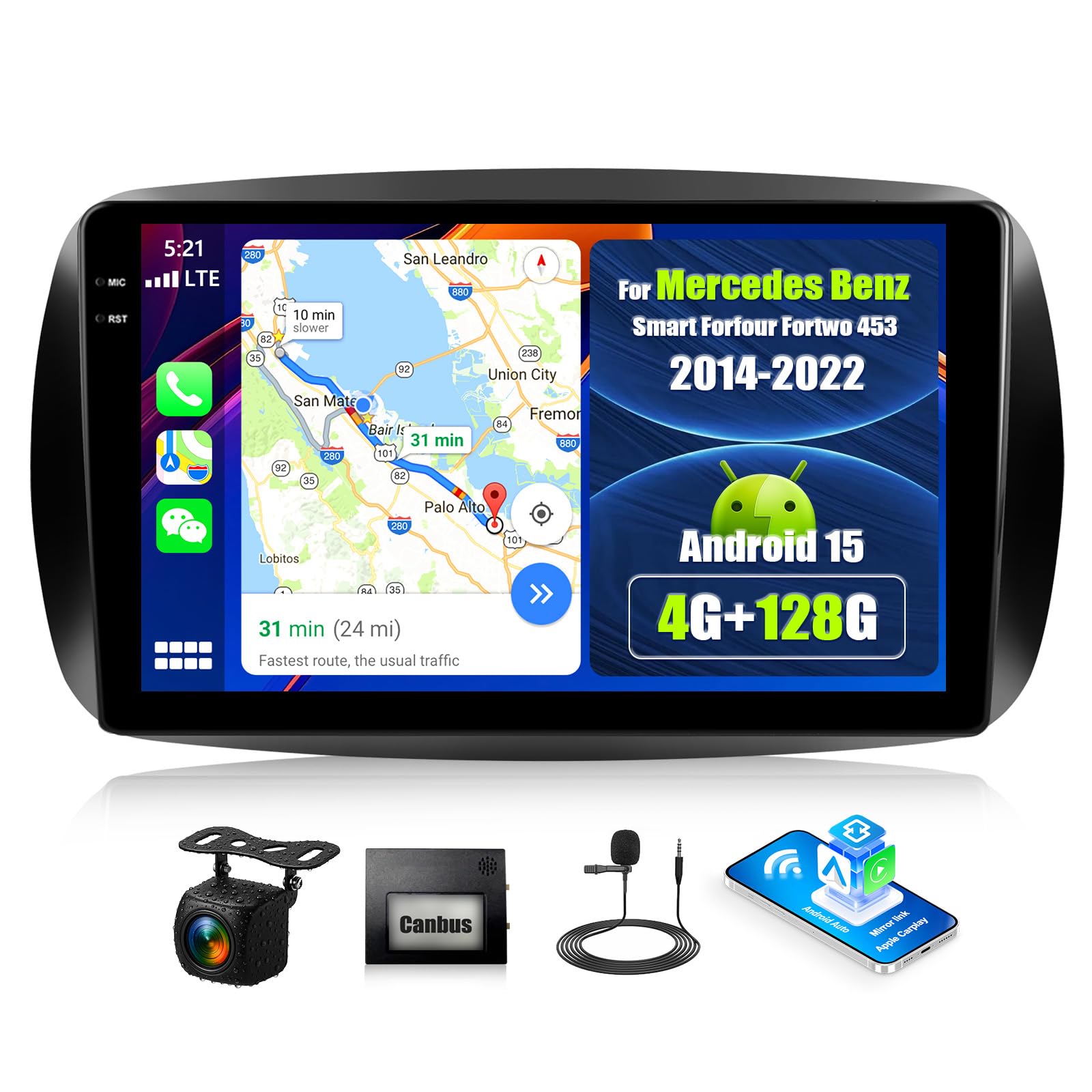 Android 15, 4G+128G GOHHDL Autoradio per Mercedes Benz Smart Forfour Fortwo 453 2014-2022 Carplay Android Auto, Touch Radio da 9 Pollici 2Din con GPS Navi WiFi Bluetooth FM/RDS EQ SWC Retrocamera&MIC
