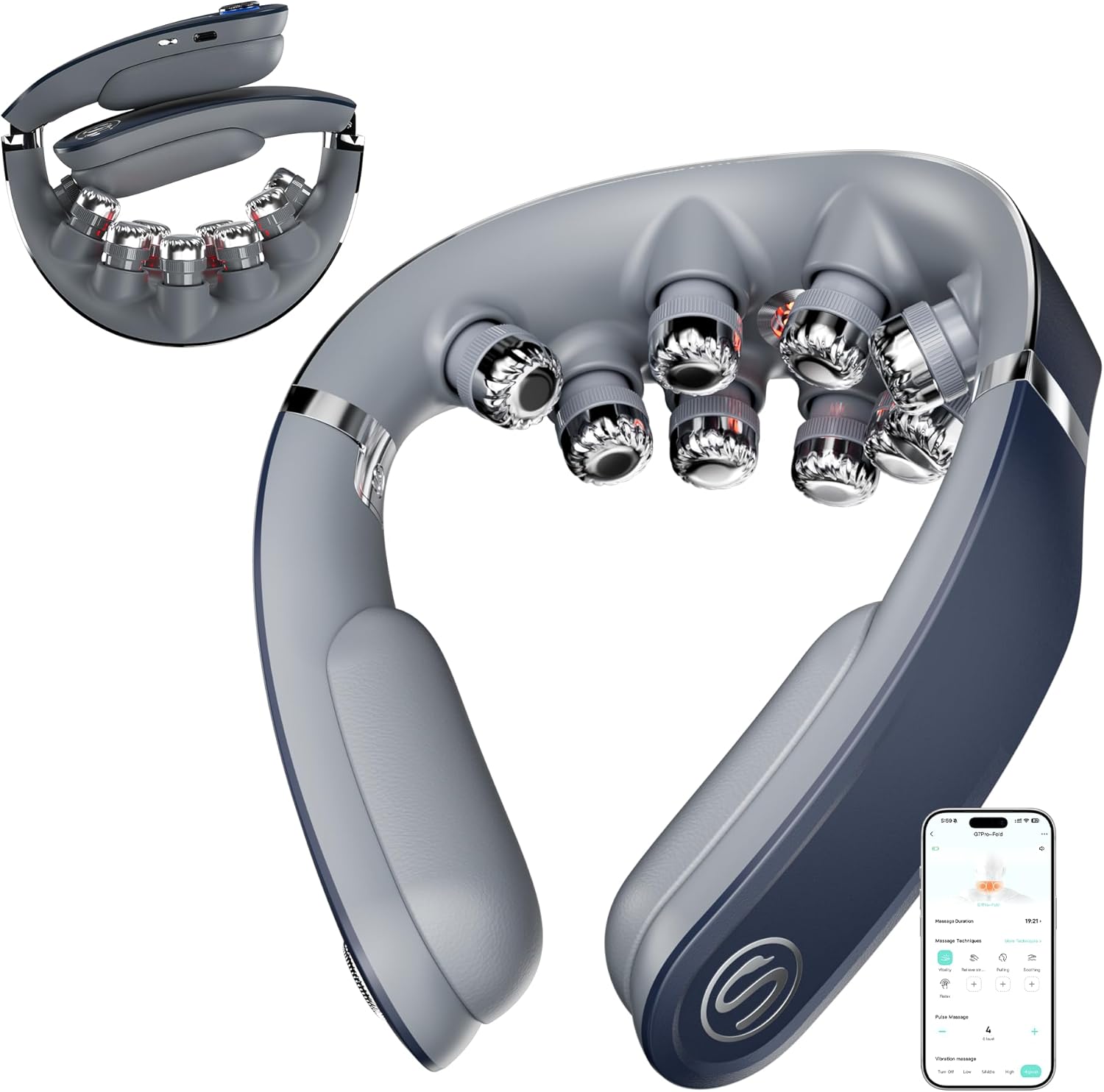 SKG Foldable Neck Massager with Heat, Cordless Deep Tissue Vibration Massager for Pain Relief, Portable 9D Electric Neck Relaxer Women Men Gift Use at Home Office Car, G7PRO-FOLD