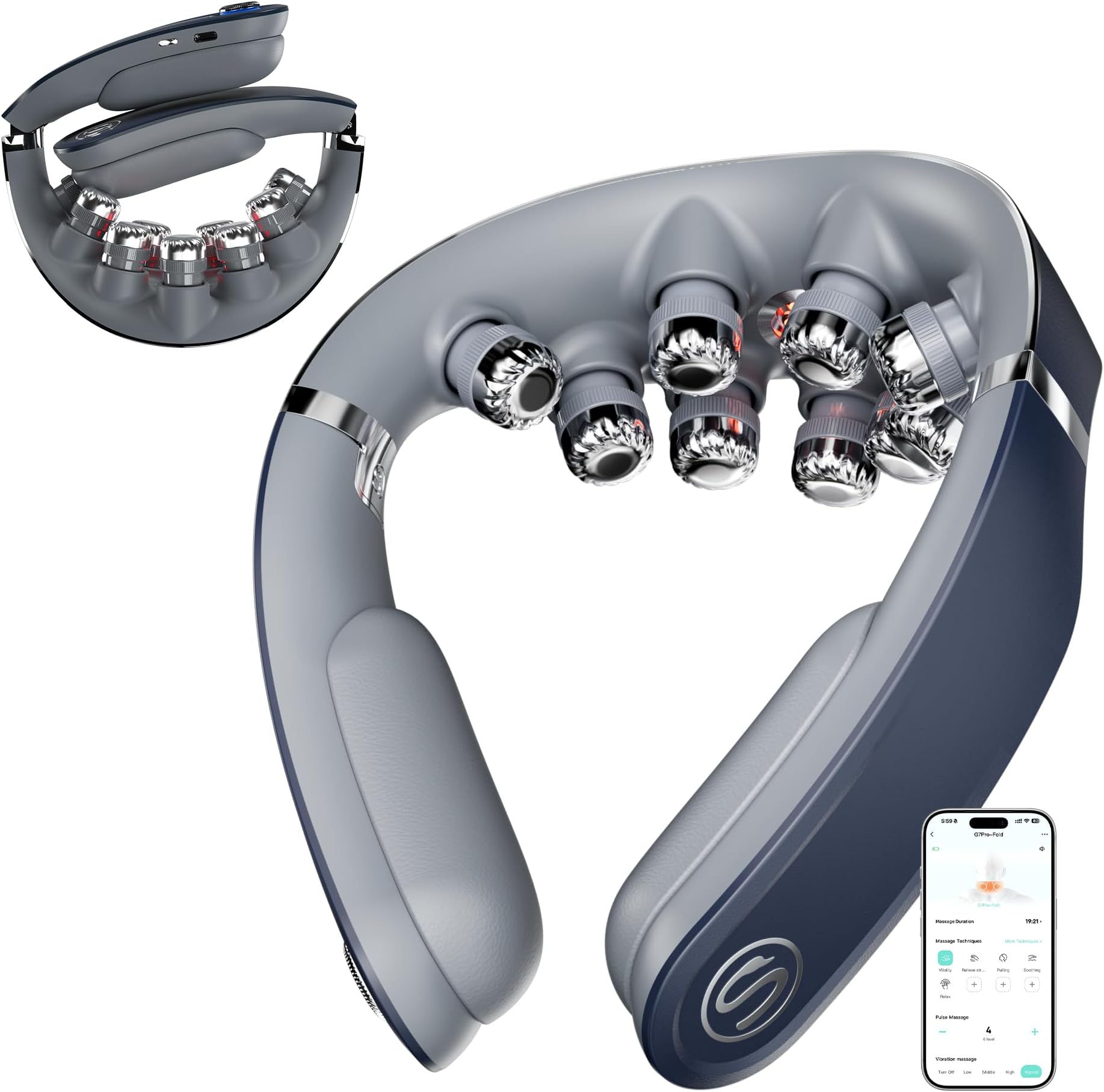 SKG G7 Pro Fold Neck Massager for Pain Relief Deep Tissue Vibration Cordless Travel Massager,Foldable Neck Massager for Office Home Car Gifts for Men Women Dad Mom Grandpa