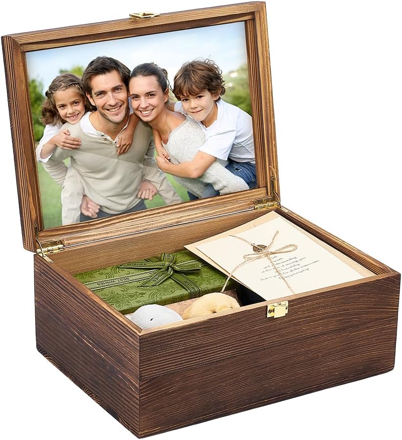 UNICRAFTALE Coconut Brown Wooden Tree of Life Keepsake Box Large Memory Treasure Boxes with a Hinged Lid Decorative Storage Wood Box with Dividers for Crafts and Photo Storage 11.8"x8.66"x5.39"