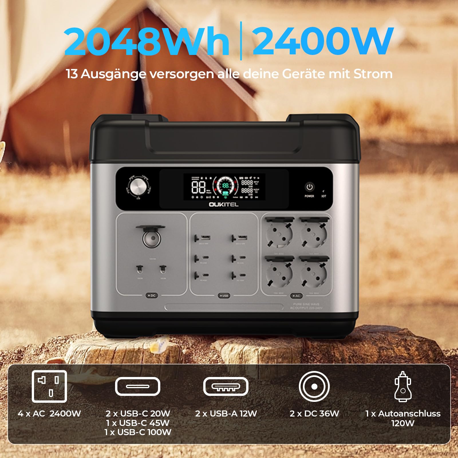 OUKITEL P2001 PLUS Estación de Energía Portátil 2048Wh Generador Solar 2400W Ruedas Telescópicas Fuente de Reserva LiFePO4 Camping Largas Estancias Exteriores