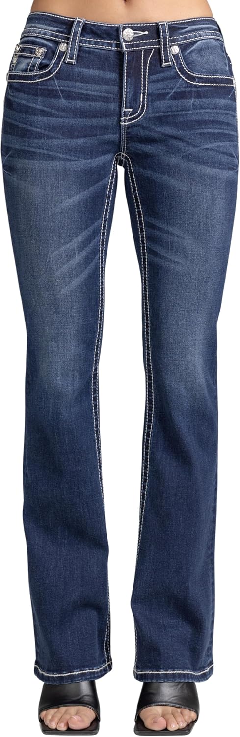 Miss Me Women's Annie Rearing Horse Embellished Pockets Mid-Rise Bootcut Jeans