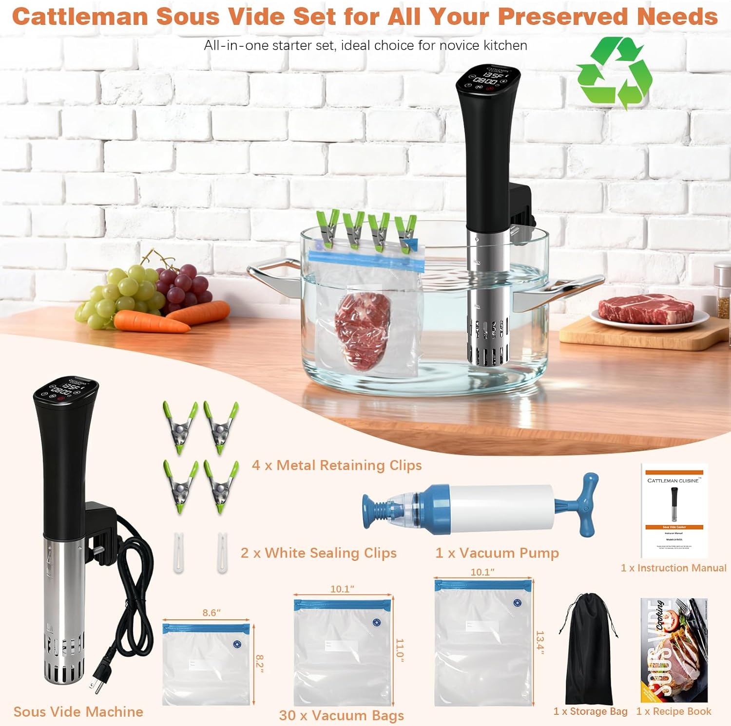 Sous Vide Cooker, Wine Chiller, 1000W, Sous Vide Machine for Kitchen, Immersion Circulator, Sous Vide Kit with Vacuum Bags, Vacuum Pump, Accurate Temperature Timer, Fast Heating