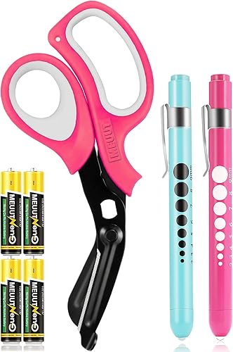 MEUUT Paquete de 3 tijeras médicas y linternas para enfermeras con cuatro baterías, una tijera patentada de 8 pulgadas para trauma, vendaje de