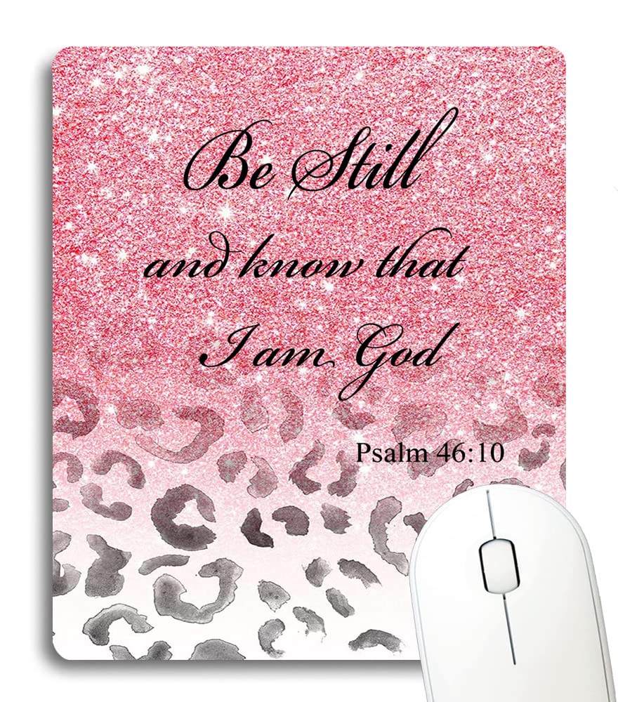 Wknoon Be Still and Know That I am God Inspirational Quotes Mouse Pad, Christian Bible Verse Scripture Quote Pink Sparkles Glitter and Leopard Print Mouse Pads