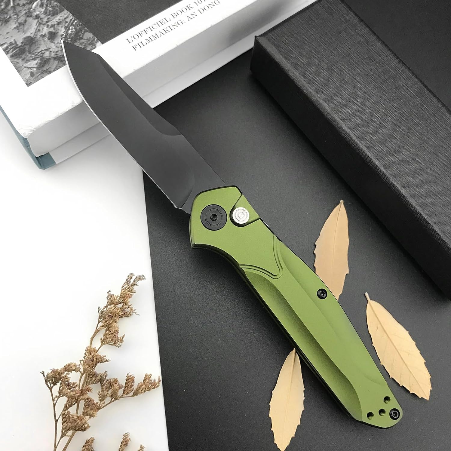 HUAAO EDC Pocket Knife, 3.15 INCH D2 Reverse Tanto Blade, Green Aluminium Alloy Handle, Camping Folding Knife with Reversible PocketClip for Everyday Carry, Gifts for Men