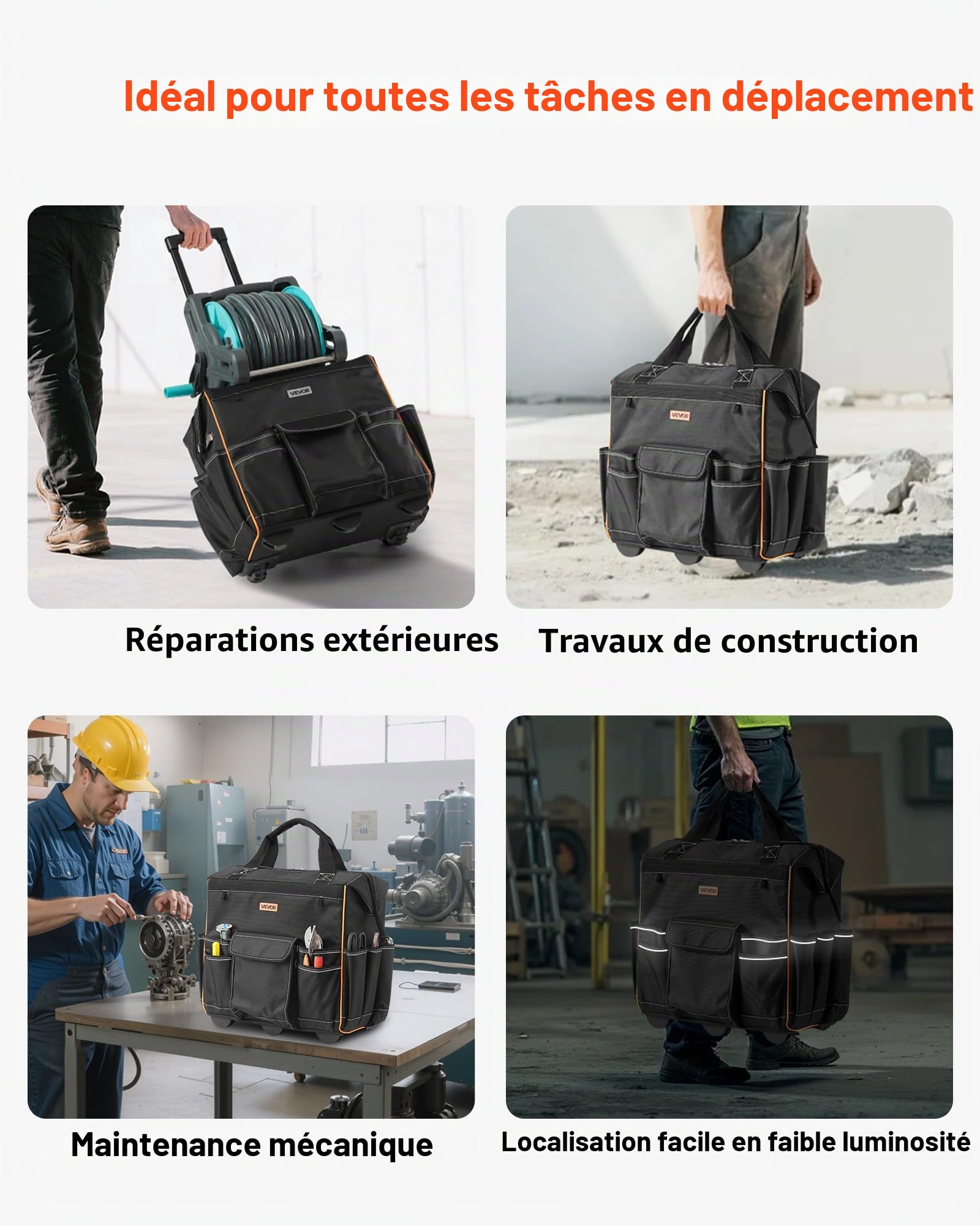 VEVOR Sac à Outils à Roulettes, Charge 50 kg, Caisse à Outil, 46x27x43 cm, avec 25 Poches, Poignée Télescopique, Base Stable, Sac Organisateur Outils Robuste pour Électriciens, Plombiers, Mécaniciens