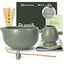 Maestri House Matcha Whisk Set, 7-Pc Complete Matcha Kit with Spouted Ceramic Bowl, Bamboo Whisk and Holder, Scoop, Spoon Rest & Sifter, Tea Cloth Ideal Gift for Matcha Lovers Moss-Green