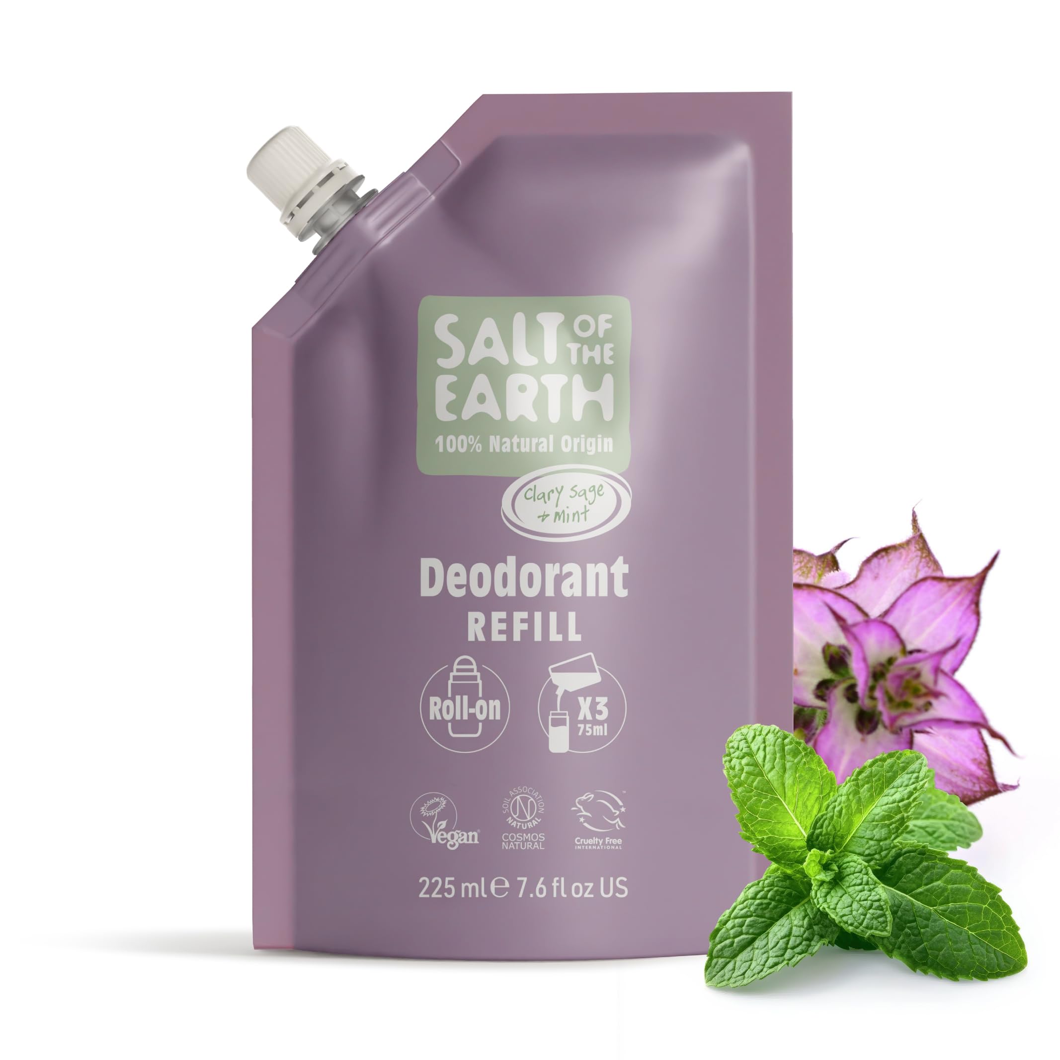 Salt of the Earth - Natural Deodorant Roll On Refill Pouch, x3 Uses - Clary Sage & Mint - Vegan, Long Lasting Protection, Made in the UK - 225ml