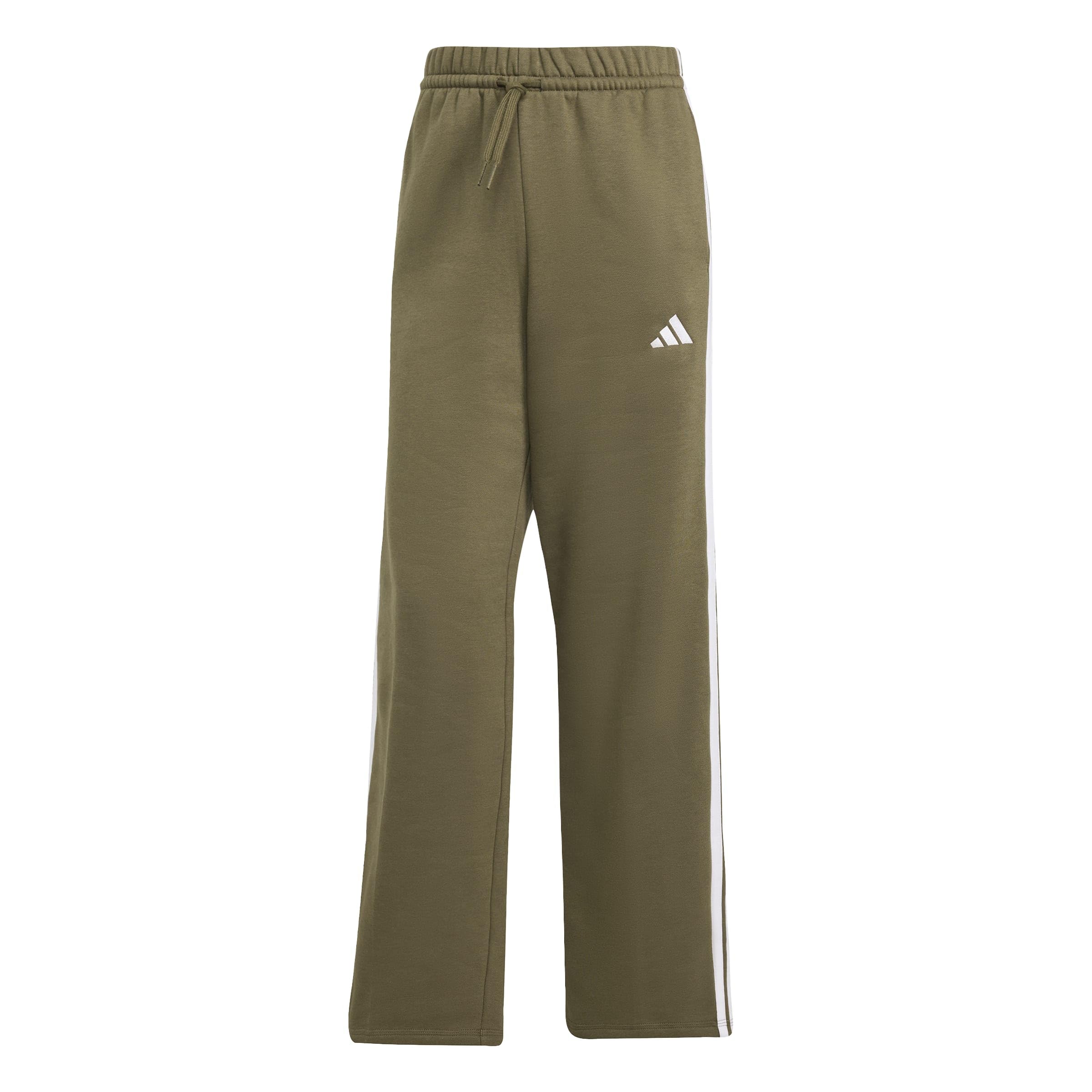 adidas Damen Essentials 3-Stripes Open Hem Fleece Pants, Olive strata/White, S
