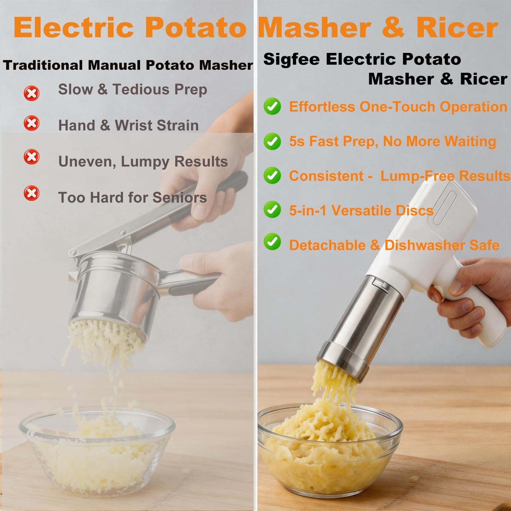 Elektrischer Kartoffelstampfer & Presse, 5-in-1 Handheld mit 5 Scheiben, 5s 198.4 g cremiger Stampfer, Lebensmittelqualität 304 Edelstahl, spülmaschinenfest, ideal für Thanksgiving & hausgemachtes