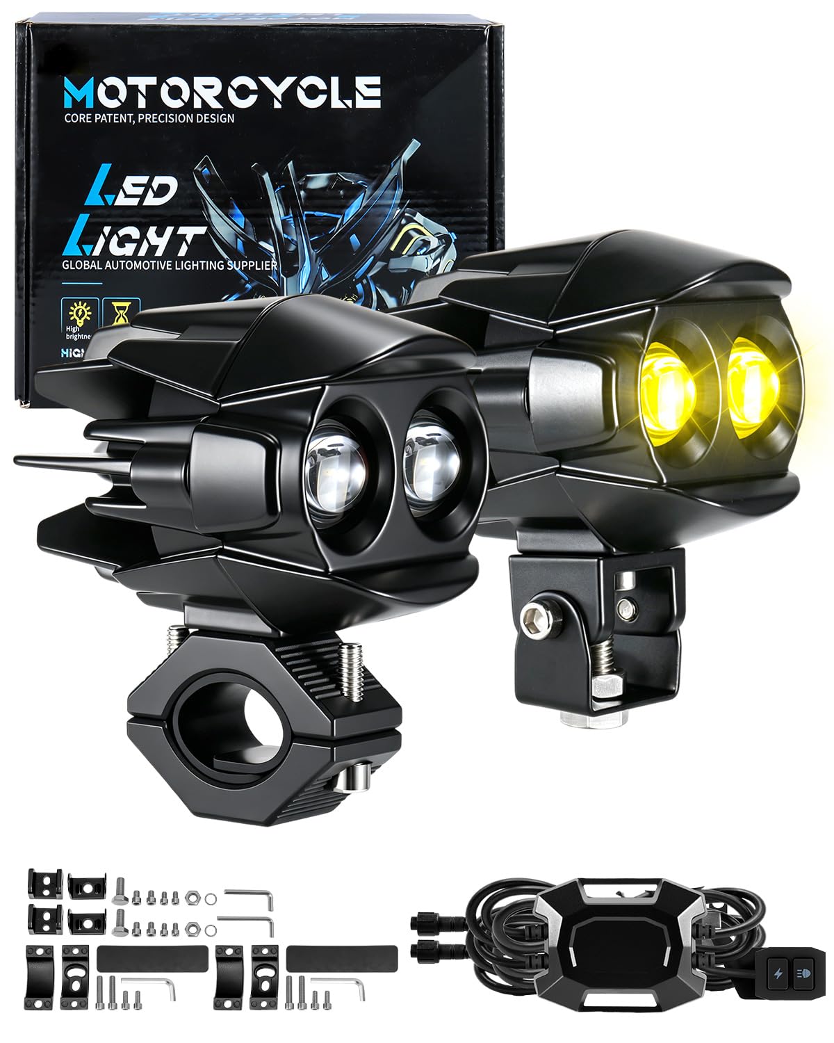 Dinfu 60 W Phare supplémentaire LED 9 V - 60 V moto Phare antibrouillard rond IP68-5 motifs flash avec kit de faisceau et 2 supports de montage pour moto, quad, UTV, Dirt Bike, camion, bateau