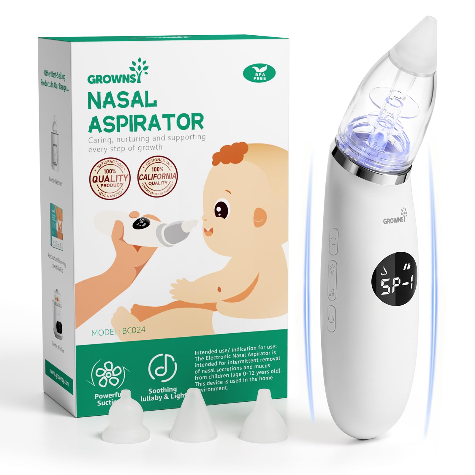 GROWNSY Nasal Aspirator for Baby | Baby Nose Sucker | Electric Nose Suction for Toddler, Ergonomic Booger Sucker with 3 Silicone Tips, Music & Light