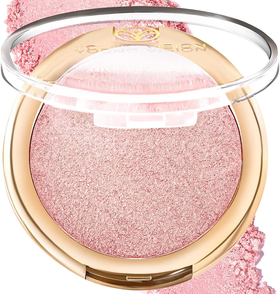 YOUNG VISION Baked Highlighter Powder Palette, Sheer Pearl Shimmer Shades for Face Highlighter Makeup, Rose/Pink Blush Powder, Highly Pigmented Iluminadores de Maquillaje, 0.19 Oz(Pack of 1)