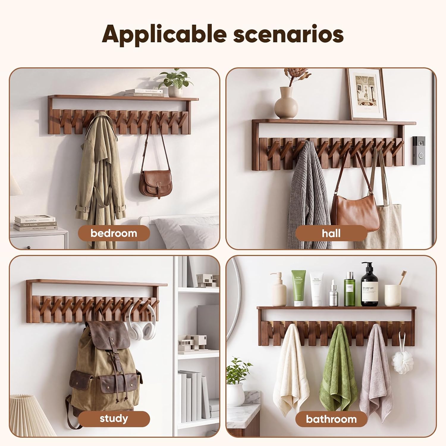 Wall Mounted Coat Rack with Shelf, 12 Flip-Down Hooks, Walnut | 12 Magnetic Flip-Down Hooks, Solid Rubberwood, 77 lb Load, 4.7 in Shelf, Hidden Mount, Space-Saving Entryway Storage