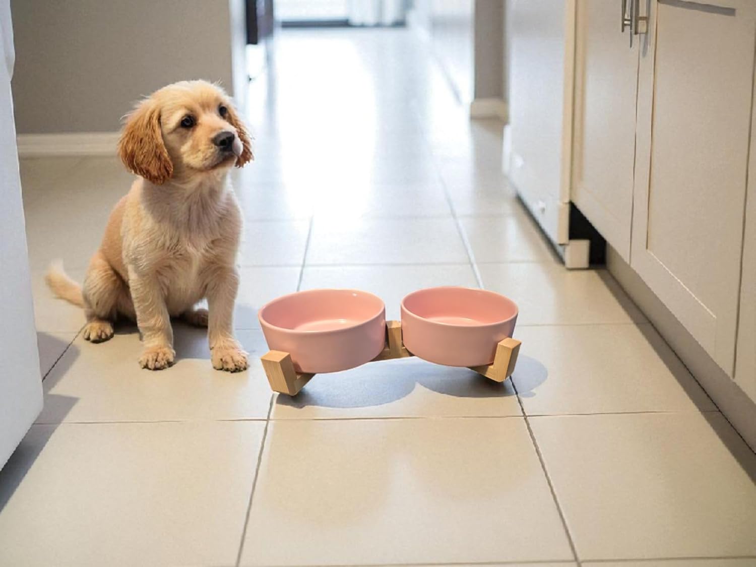 Ceramic Pet Bowls with Elevated Stand, Raised Feeding Station (Pink Set (Small pet up to 2 Cup Capacity per Bowl))