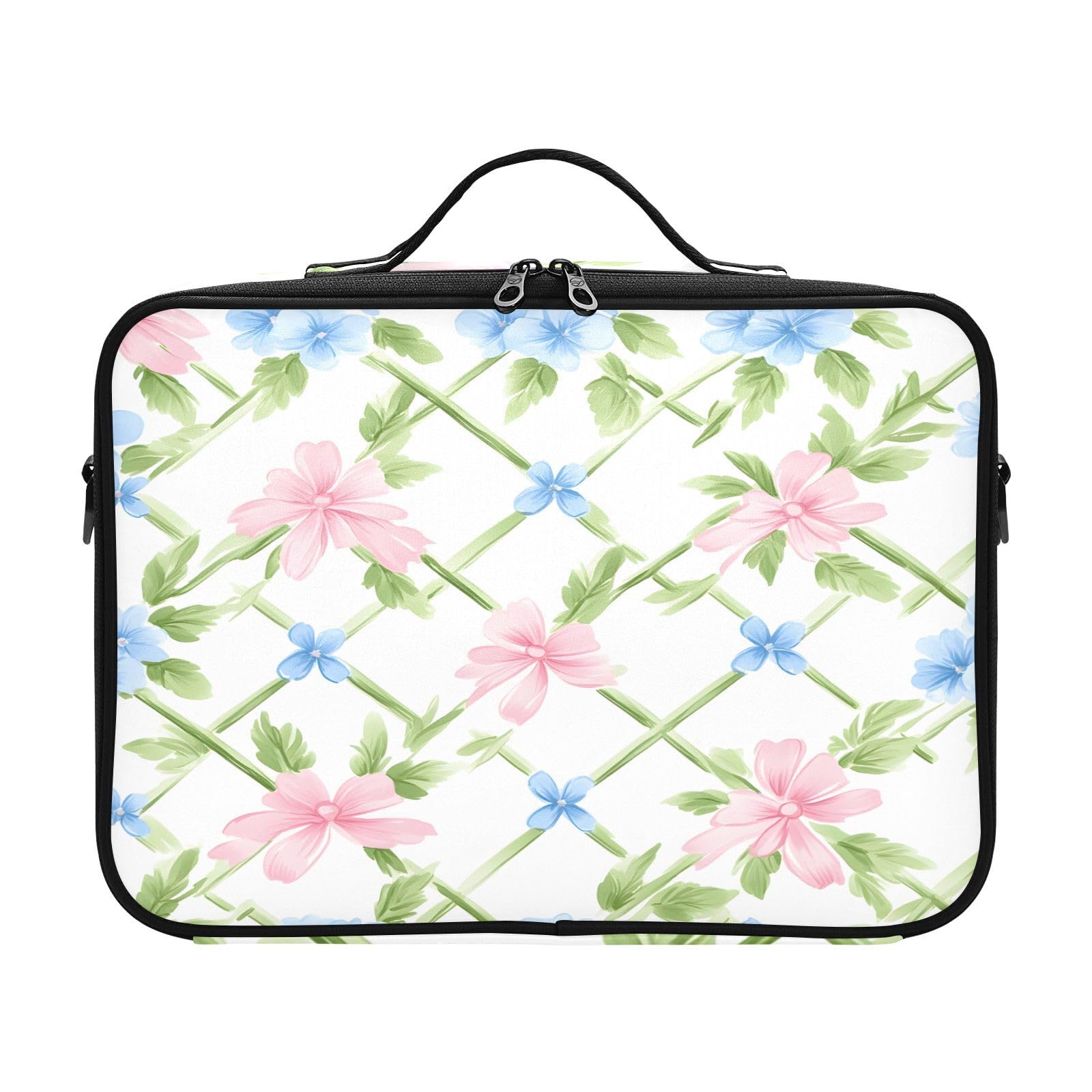 zyrtty Travel Makeup Train Case Blue Pink Flower Pattern Cosmetic Organizer Portable Storage Bag with Adjustable Dividers for Cosmetics Brushes Toiletry Jewelry Digital Accessories