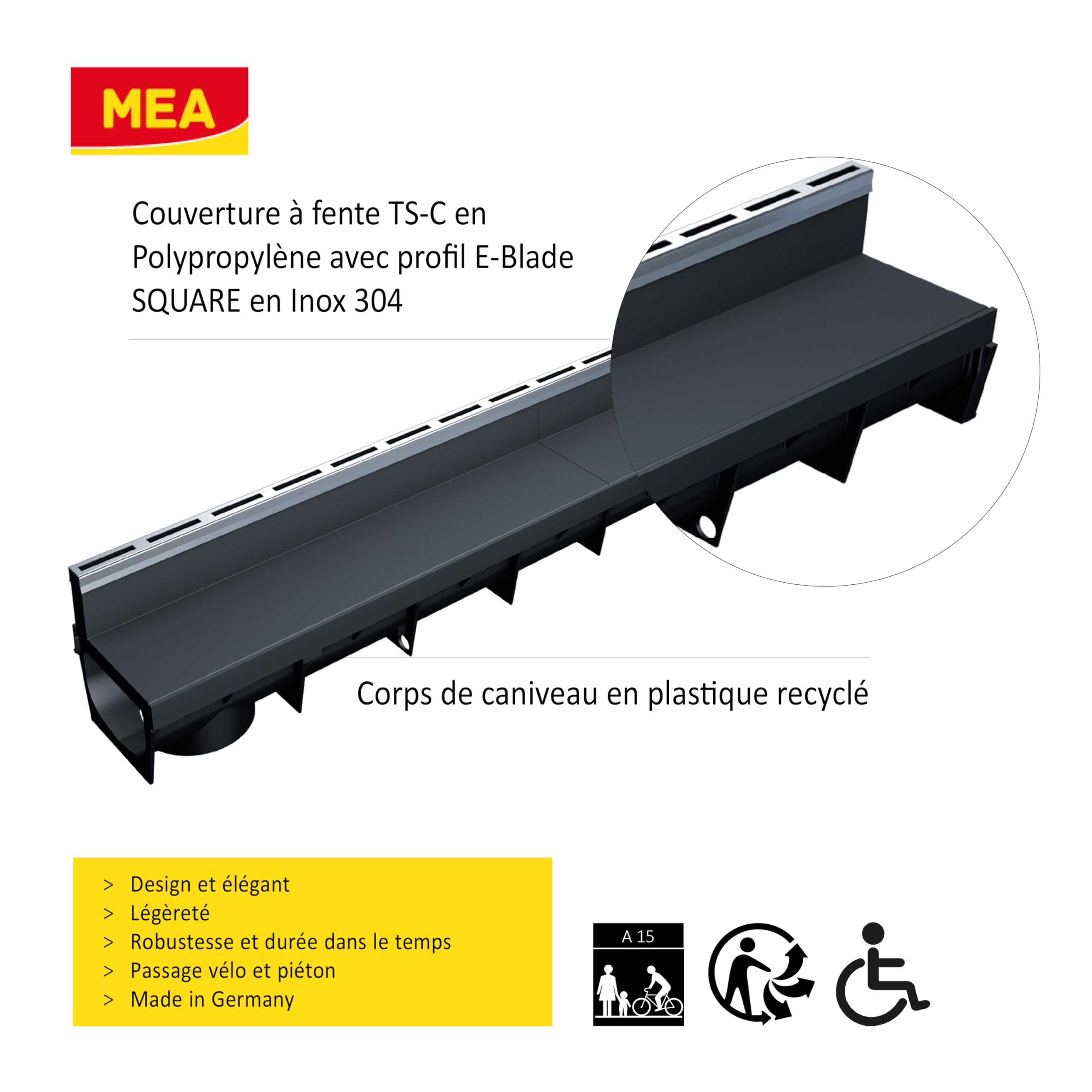 MEA Pack de 6 Caniveaux Extérieurs MEAPARK – Grille à Fente en PP Recyclé + Profil E-Blade S en INOX – Drainage Terrasse, Piscine, Jardin – Classe A15 Piéton – Largeur utile 10 cm
