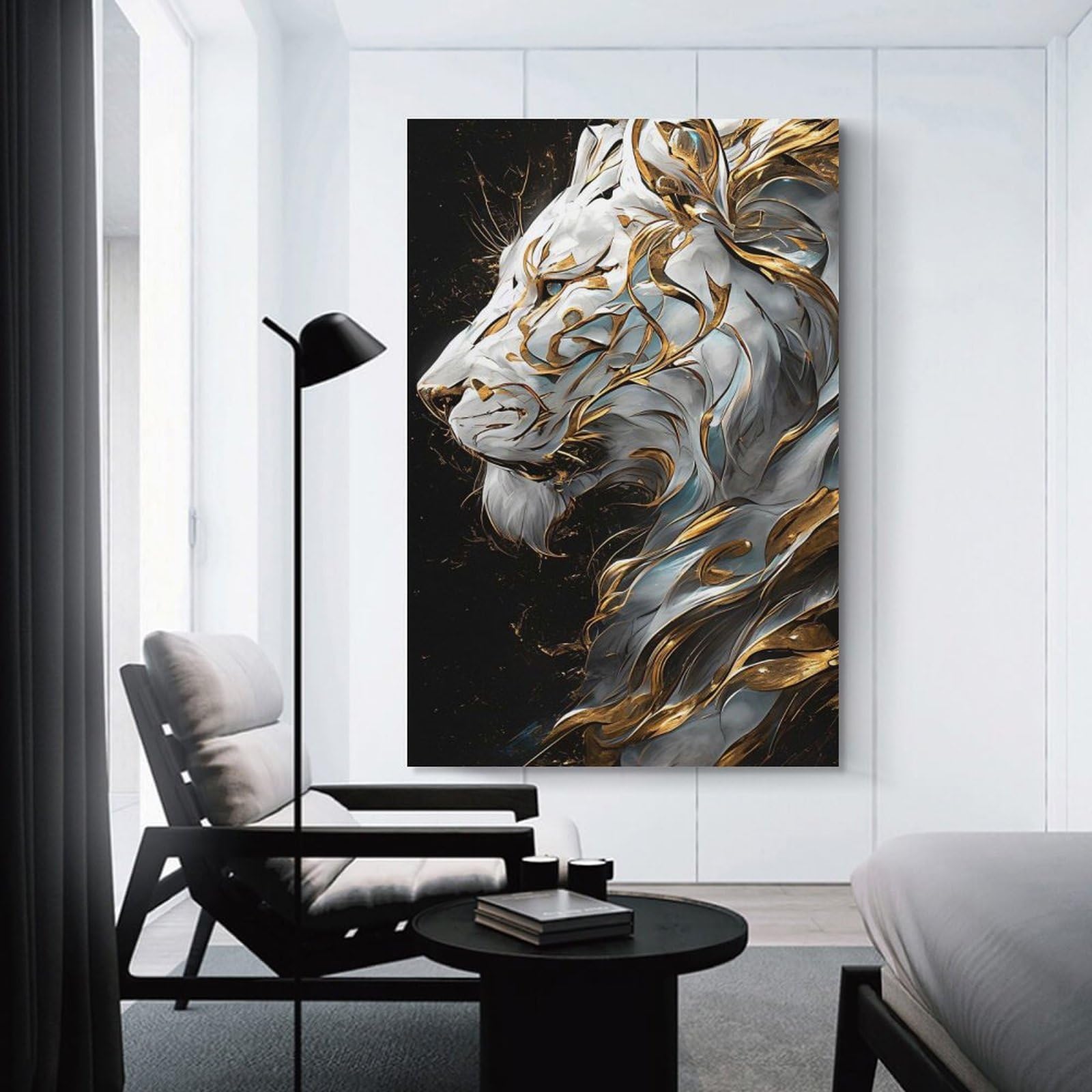 Junmoney Majestic White Lion with Gold Embellishments Canvas Art Print, 24x36inch(60x90cm), for Bedroom Decor, Cosy Corners Or Studios, A Warm Accent for Relaxed Interiors