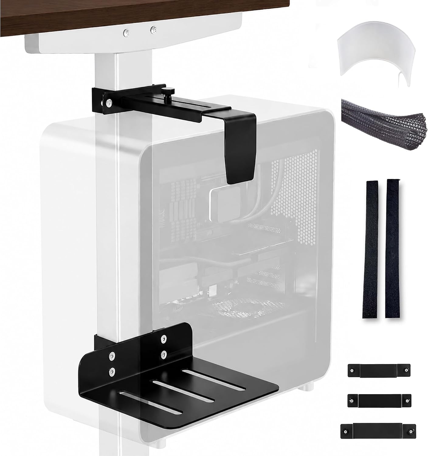 DEHAGLOBAL Clamp Mount Under Desk Pc Mount, Adjustable Height and Width No Drilling 50 lb Capacity with Non-Slip Pads & Cable Organizer for Standing Desk (Black, 80mmx50mm)