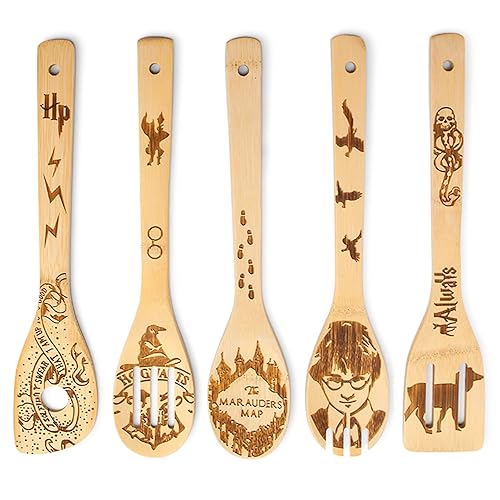 Harry Potter Gifts - 5 Piece Wooden Utensils for Cooking,Harry Potter Kitchen Accessories,Bamboo Wooden Spoon for Harry Potter Decor,Gifts for Father Mother Friends - HP Spoons