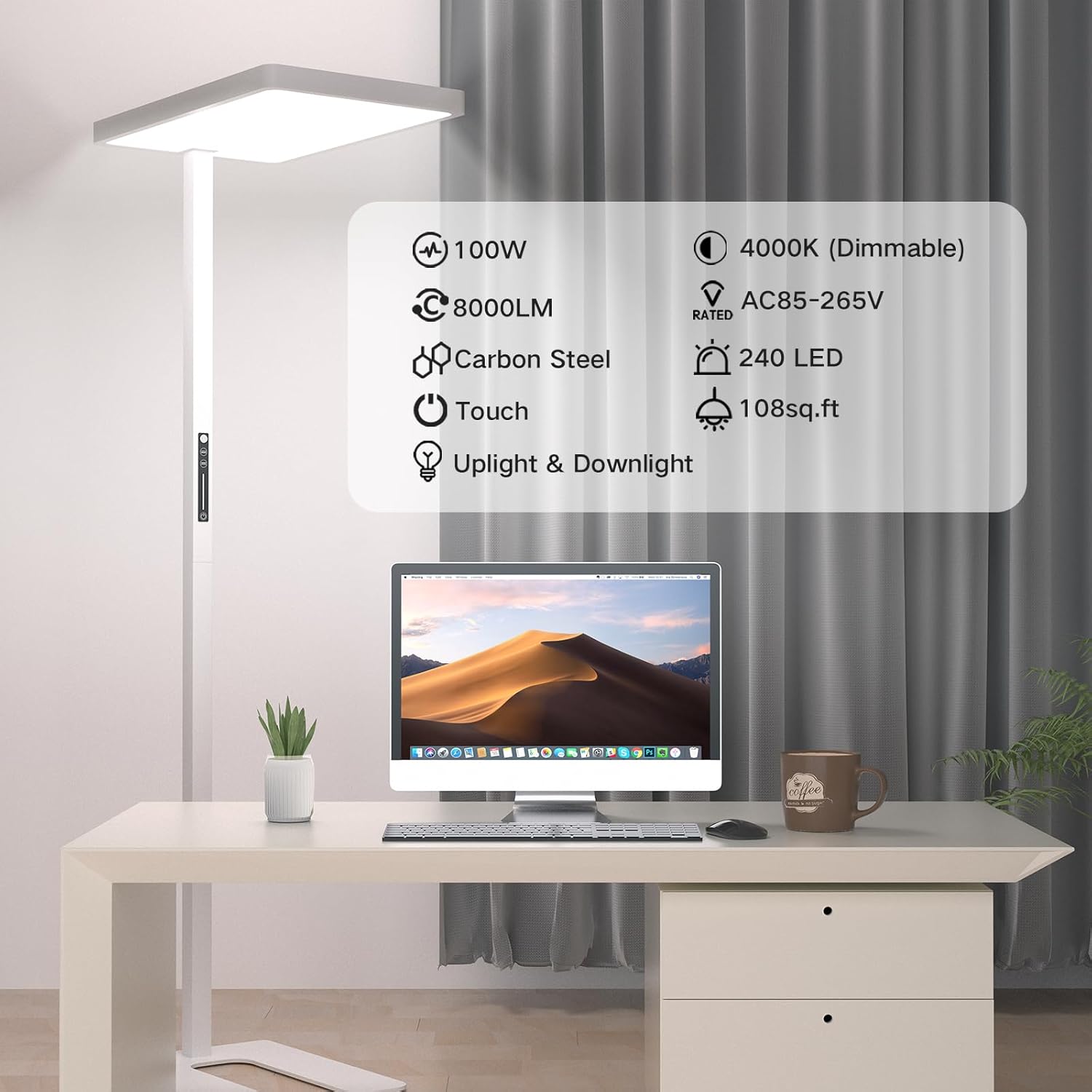 8000LM LED Floor Lamp, 100W Eye-Caring Reading Standing Light, 4000K Dimmable Natural Daylight Modern Tall Reading Lamp for Home Office, Study Room, Living Room, Bedroom, Touch Control