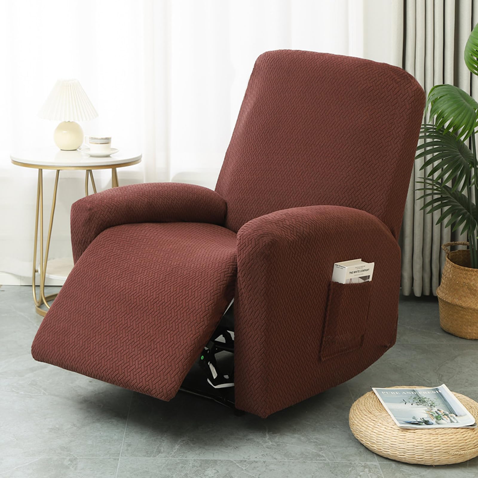 4 All-Inclusive Recliner Chair Cover, Velvet Stretch Recliner Armchairs Cover, Anti-Slip Fitted Reclining Chair Cover Couch Furniture Protector with Side Pocket, Recliner Sofa Slipcovers (Dark Brown)
