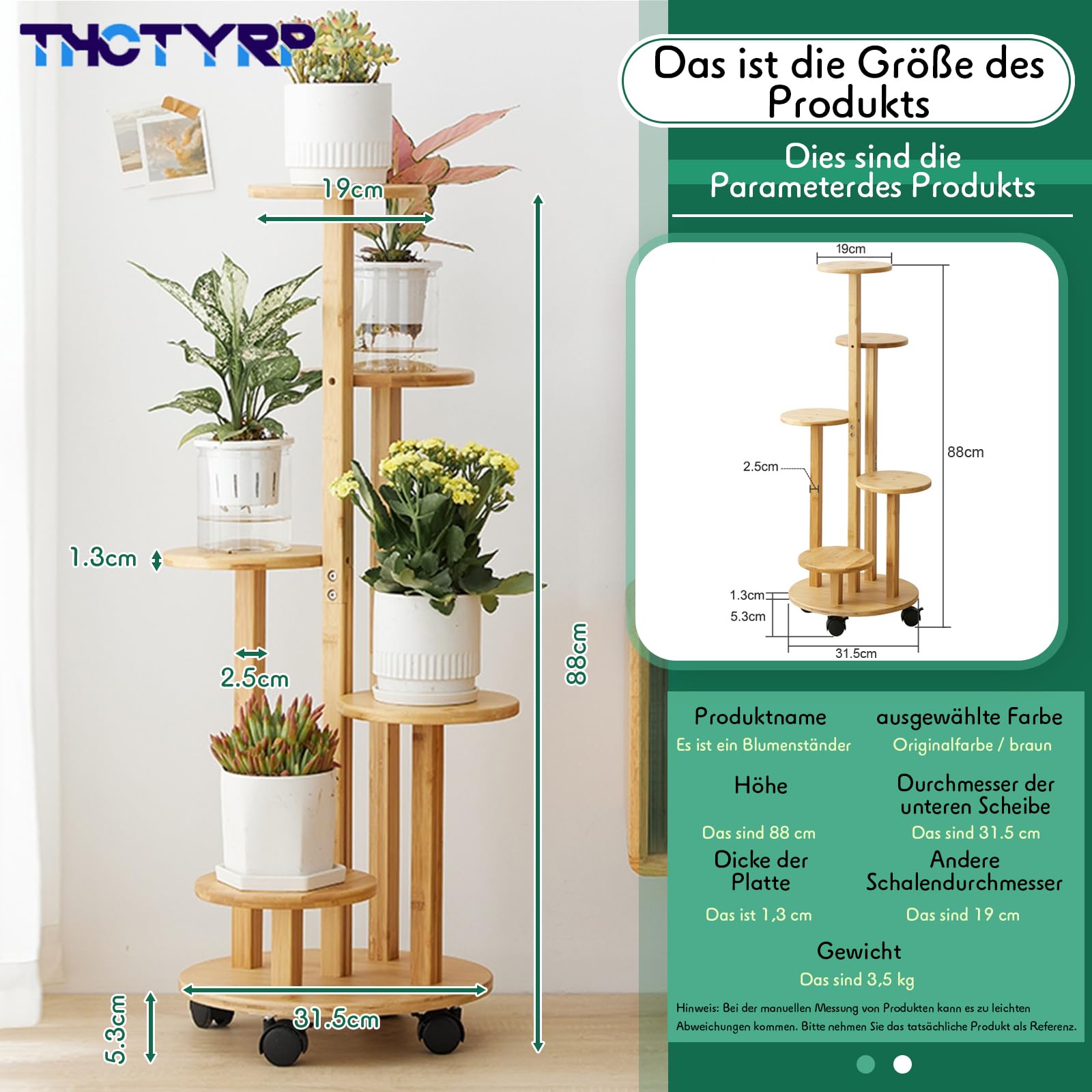 Bambus Blumenständer mit Rollen, Hoch & Niedrig | Pflanzenständer für Wohnzimmer & Balkon, Innenblumenständer mit Rädern, Mehrstöckig