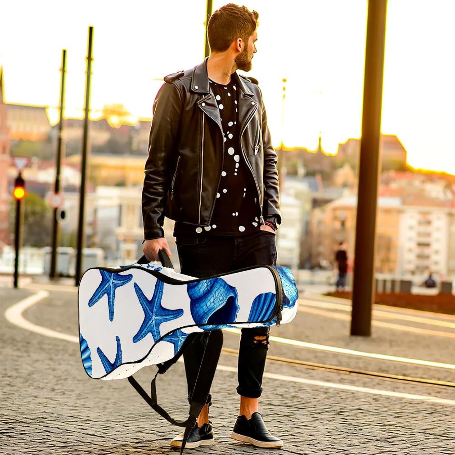 Acoustic Guitar Gig Bag 10mm Thick Padding, Soft Waterproof Guitar Case with Adjustable Backpack Straps for 40-42 Inch Guitar, Sea Shells in Blue on White