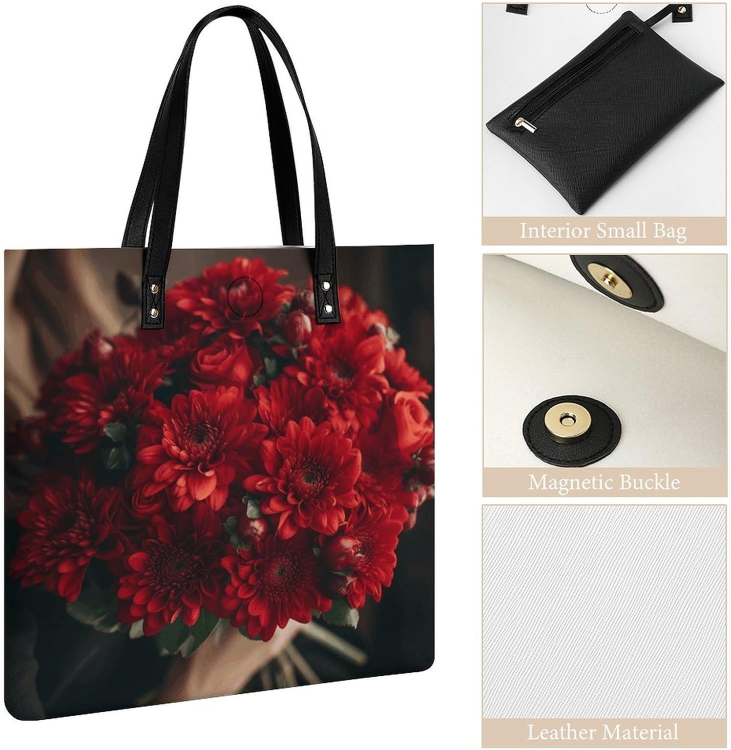 Bouquet of Red Flowers Handbags Large Capacity, Tote Bag Stylish Slouchy, Shoulder Bags for Work Beach Travel And Shopping Grocery.
